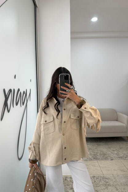 Fringed Suede-Effect Jacket in Off-White