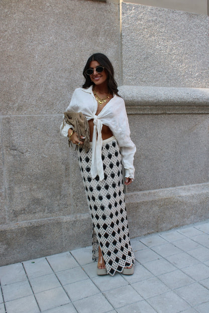 Two-Tone Crochet Maxi Skirt: Beige and Black
