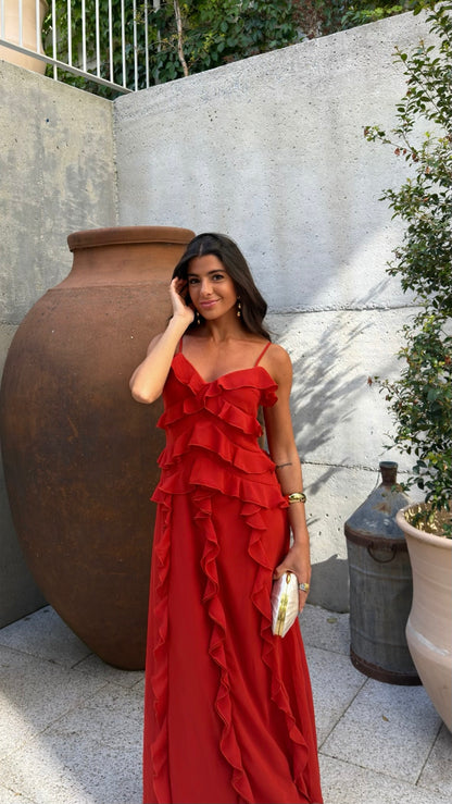 Scarlet Ruffle Maxi Dress
