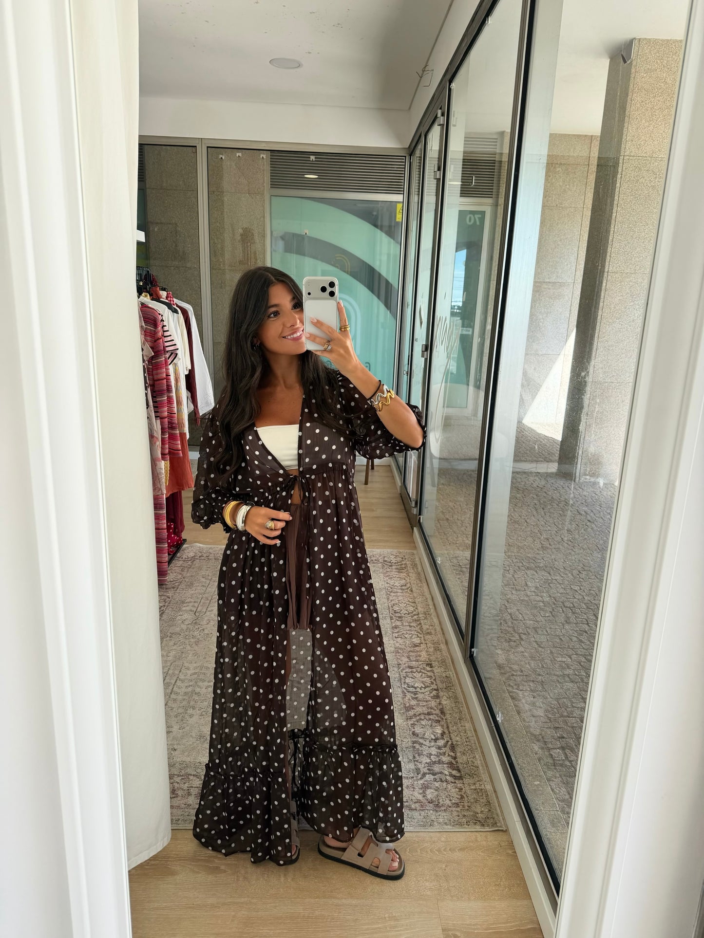 Polka Dot Sheer Maxi Kimono in Brown