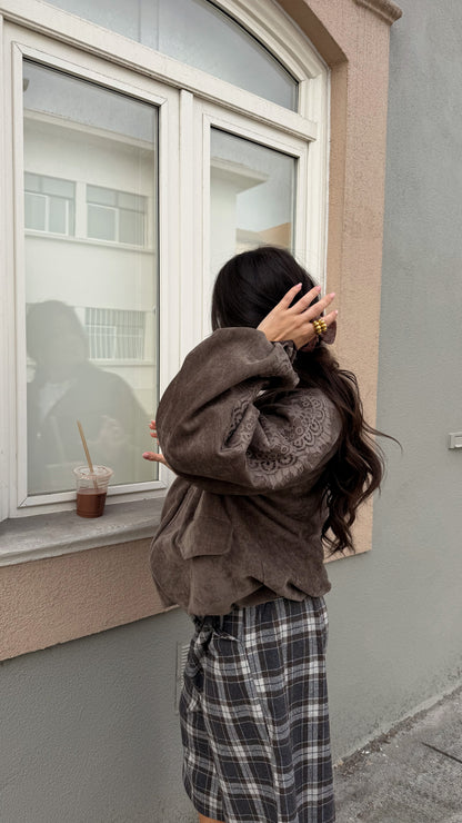 Velvet Bomber Jacket with Lace Details