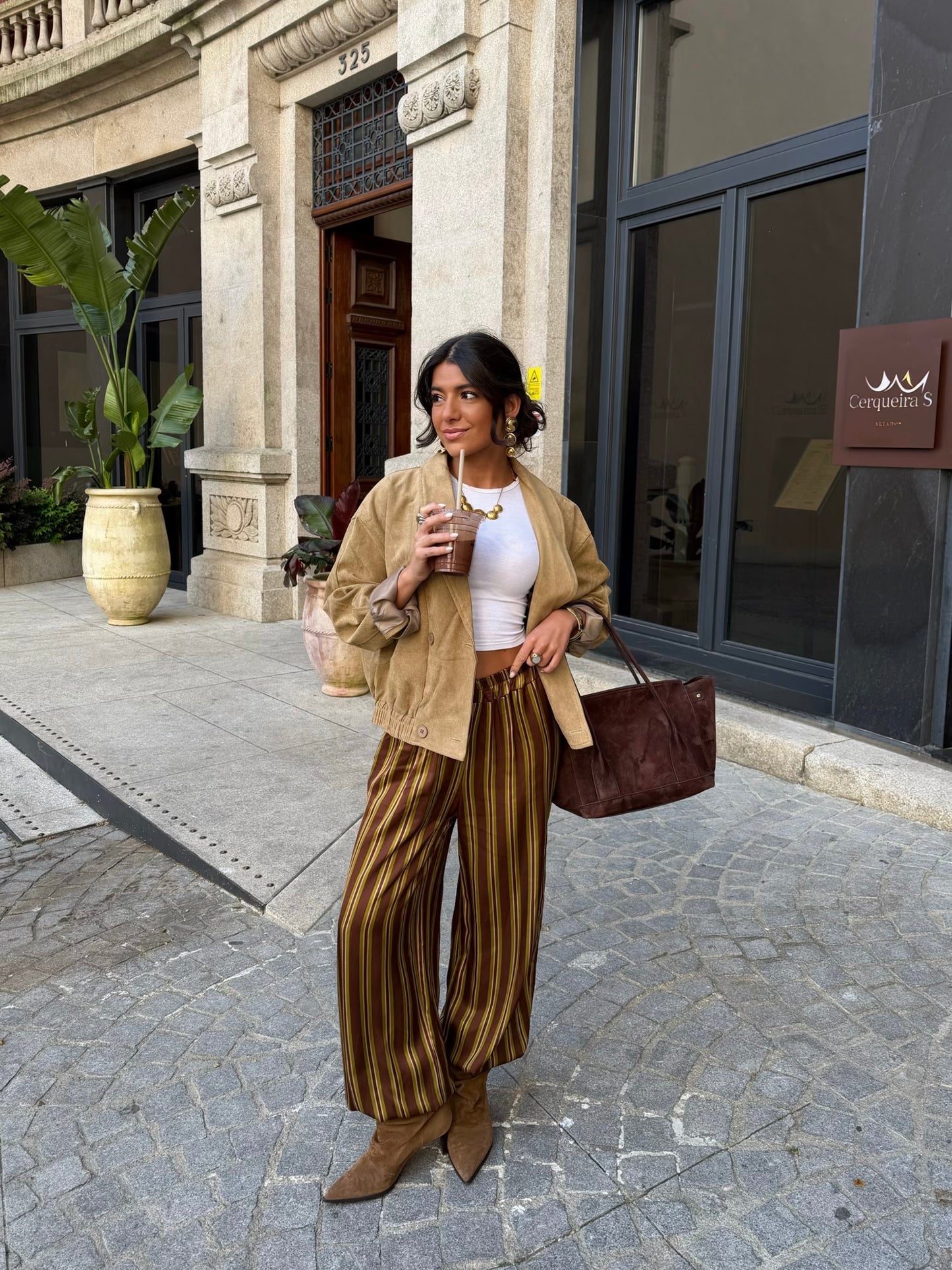 Mocha Stripe Balloon Satin Trousers