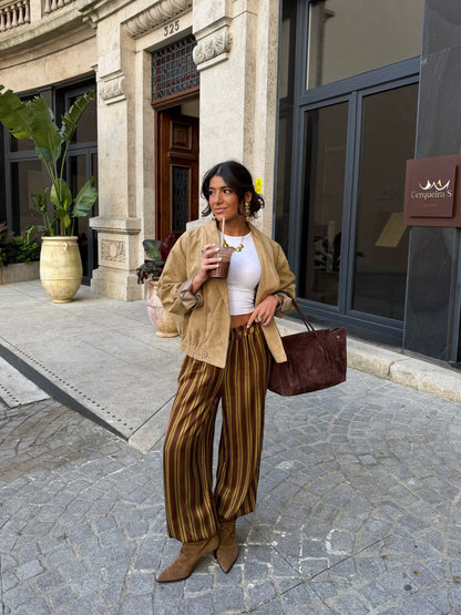 Mocha Stripe Balloon Satin Trousers