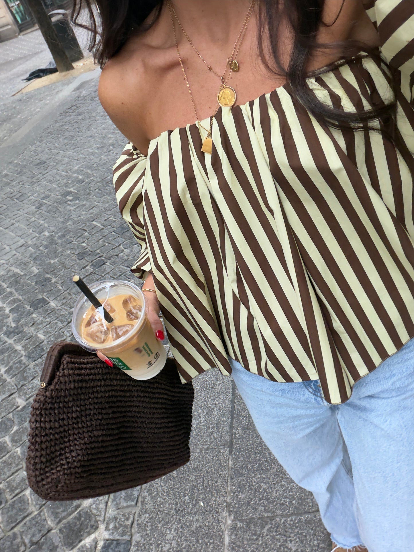 Honey & Mocha Striped Off-Shoulder Top