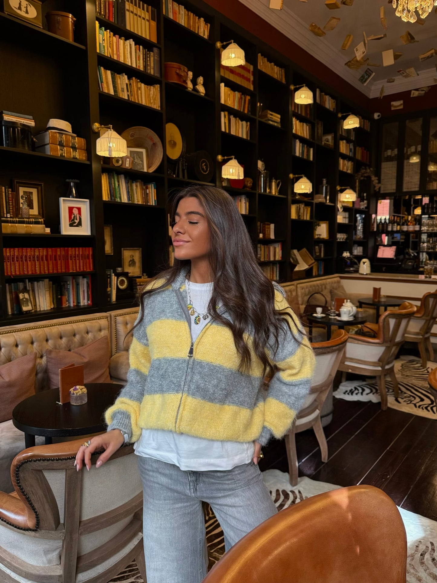 Yellow & Grey Striped Knit Zip Jacket