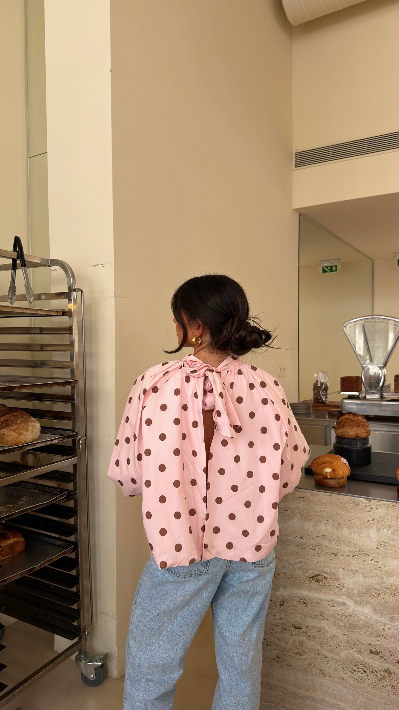 Pink Polka Dot Bow Back Blouse