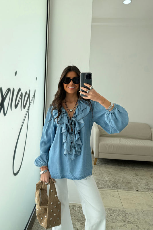 Ruffled Blouse in Light Blue