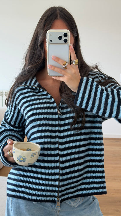 Blue & Navy Striped Zip Cardigan
