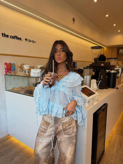 Ice Blue Sheer Ruffle Blouse