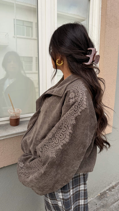 Velvet Bomber Jacket with Lace Details