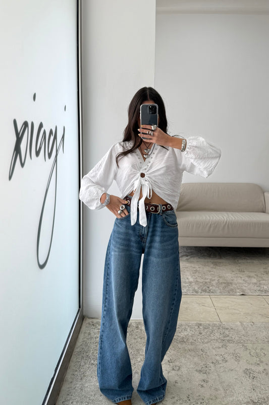 Cropped Top with Star Studs In White