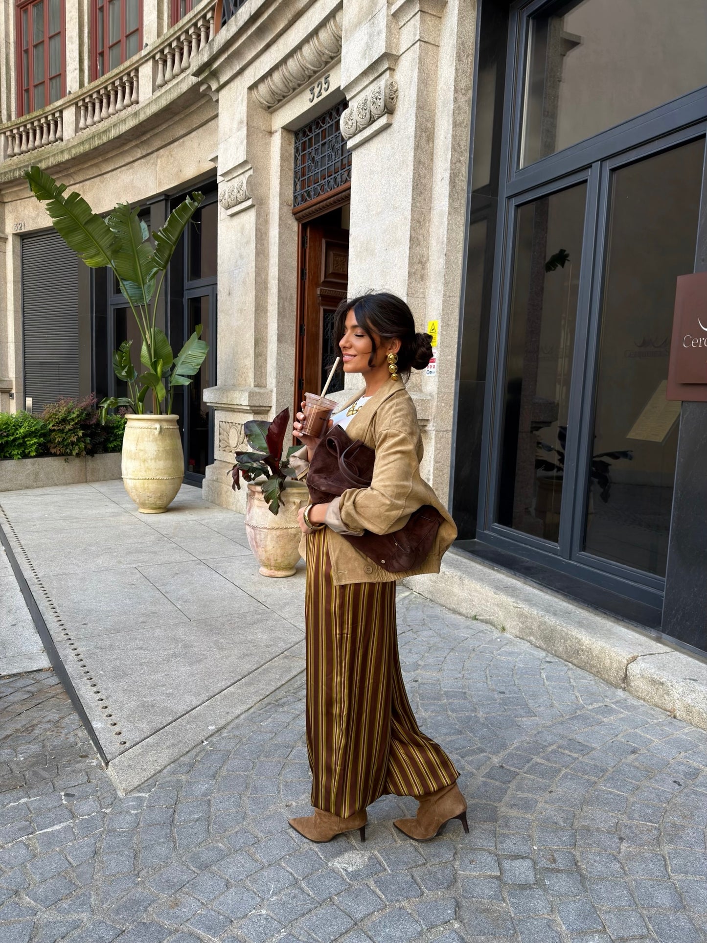 Mocha Stripe Balloon Satin Trousers