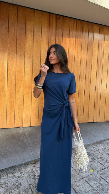 Long Dress with Side Knot in Navy