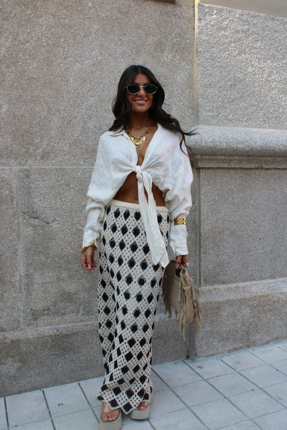 Two-Tone Crochet Maxi Skirt: Beige and Black