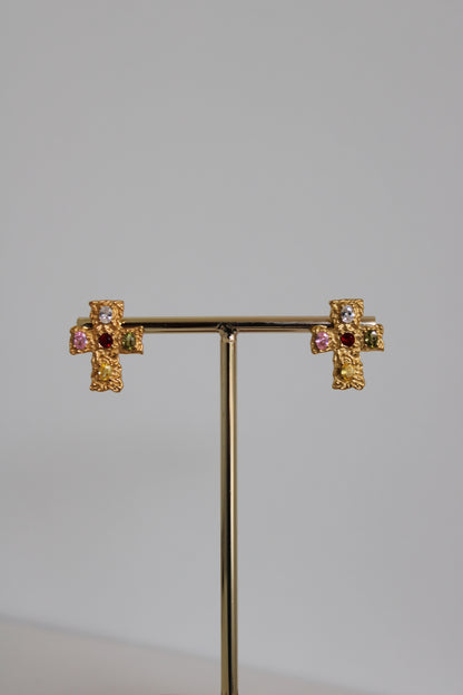 Cross Earrings with Hammered Finish and Zirconia