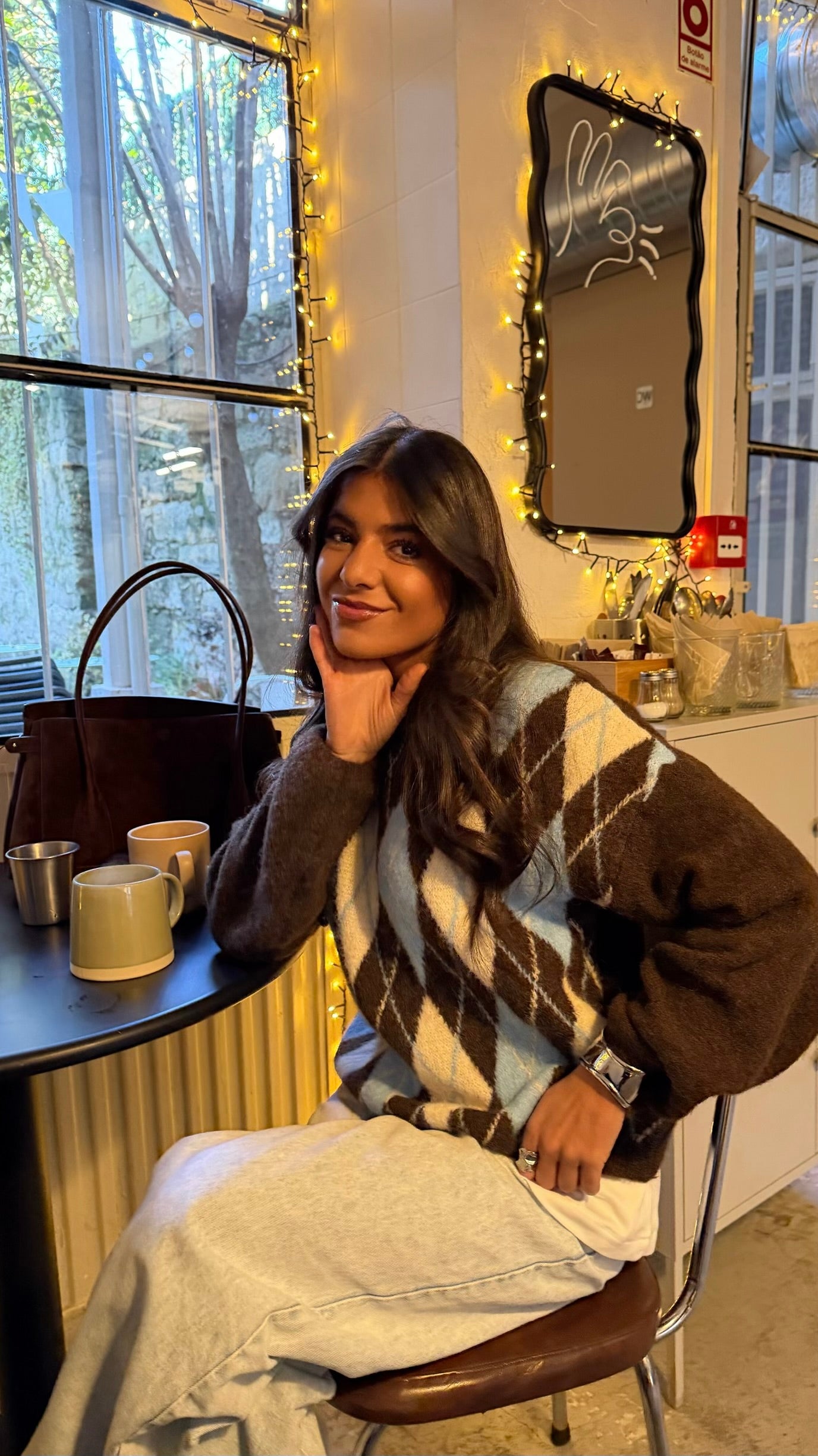 Brown & Sky Blue Argyle Knit Sweater