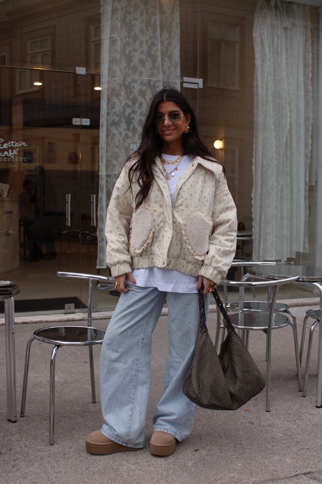 Floral Quilted Jacket with Fur Effect Pockets