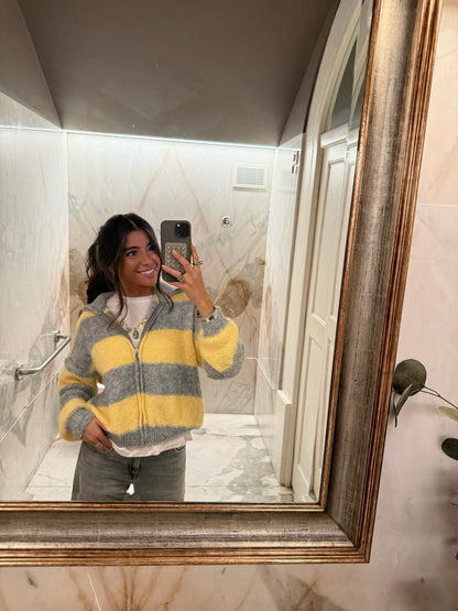 Yellow & Grey Striped Knit Zip Jacket