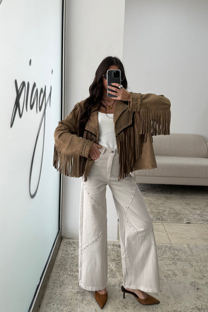 Suede-Effect Jacket with Fringe and Studded Details