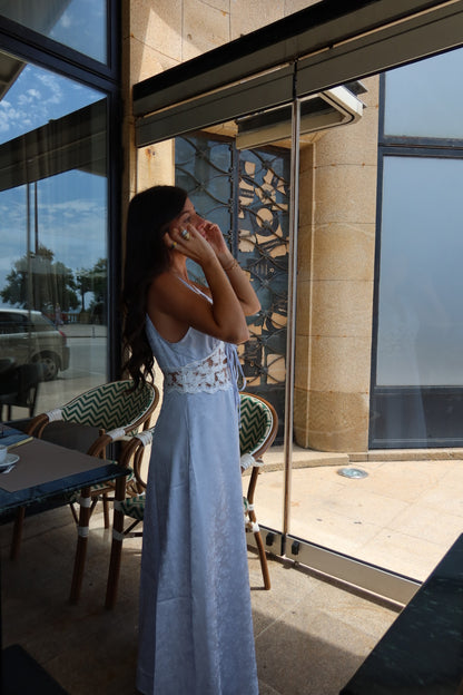 Blue Satin Lace Maxi Dress