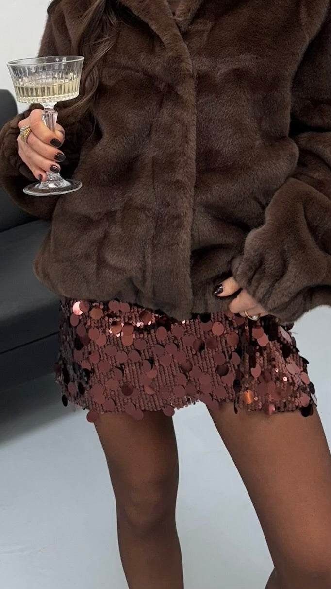 Coffee Brown Sequin Mini Skirt