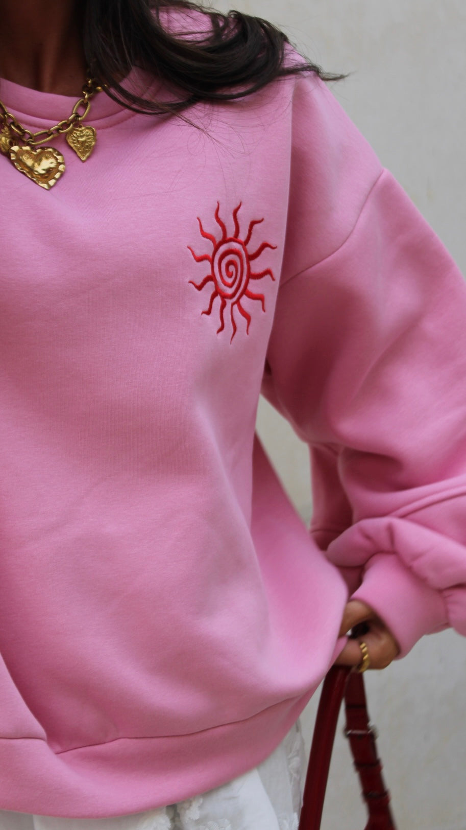 Pink Sweatshirt with Red Sun Embroidery