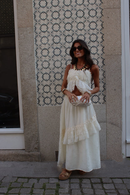 Two-Piece Cream Set: Crop Top and Lined Midi Skirt