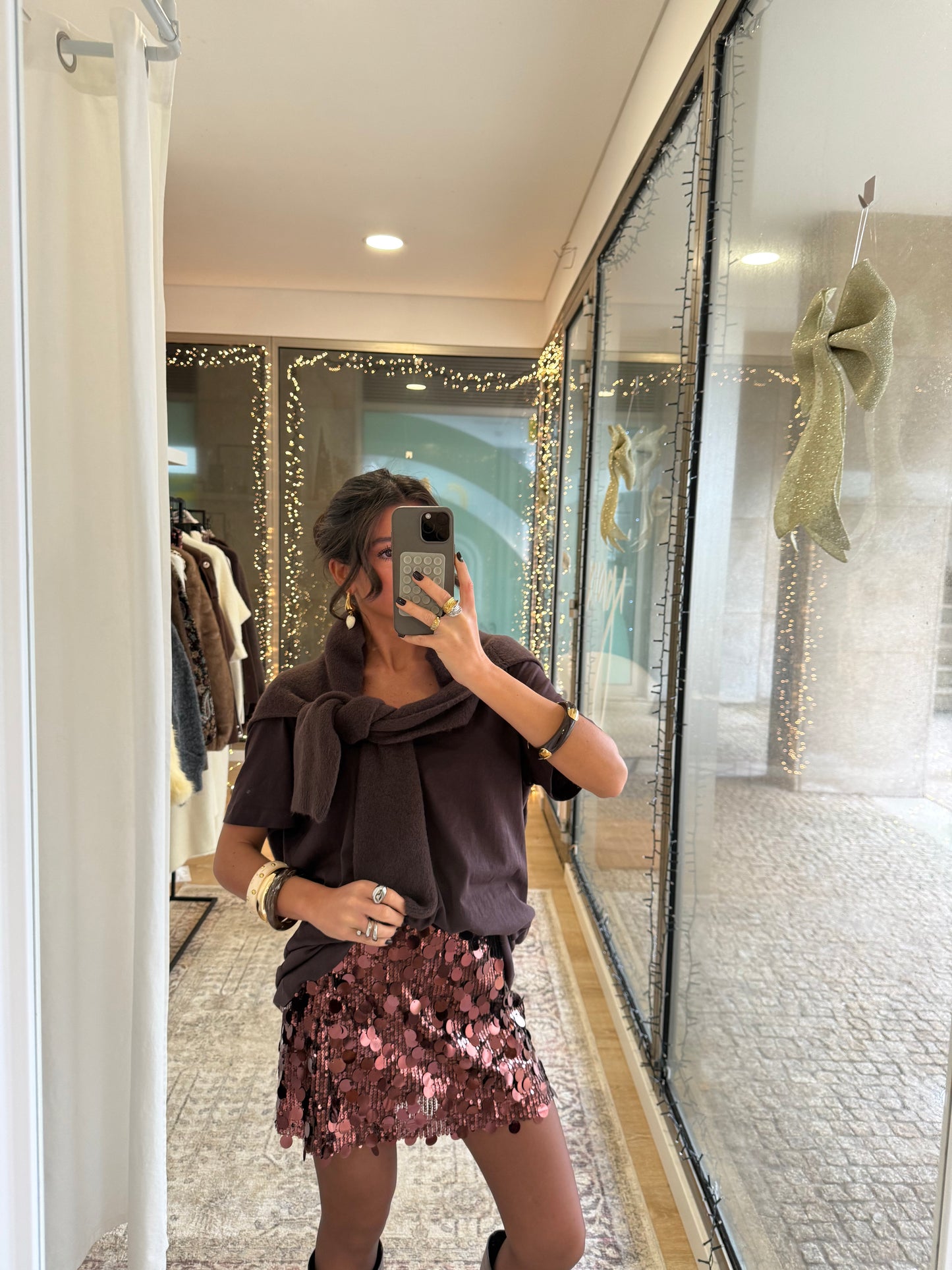 Coffee Brown Sequin Mini Skirt