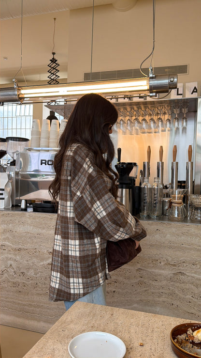 Coffee-Tone Plaid Overshirt