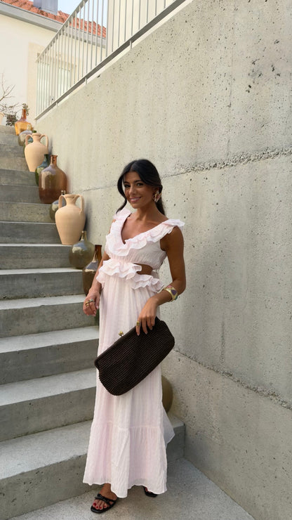 Baby Pink Ruffle Cut-Out Maxi Dress