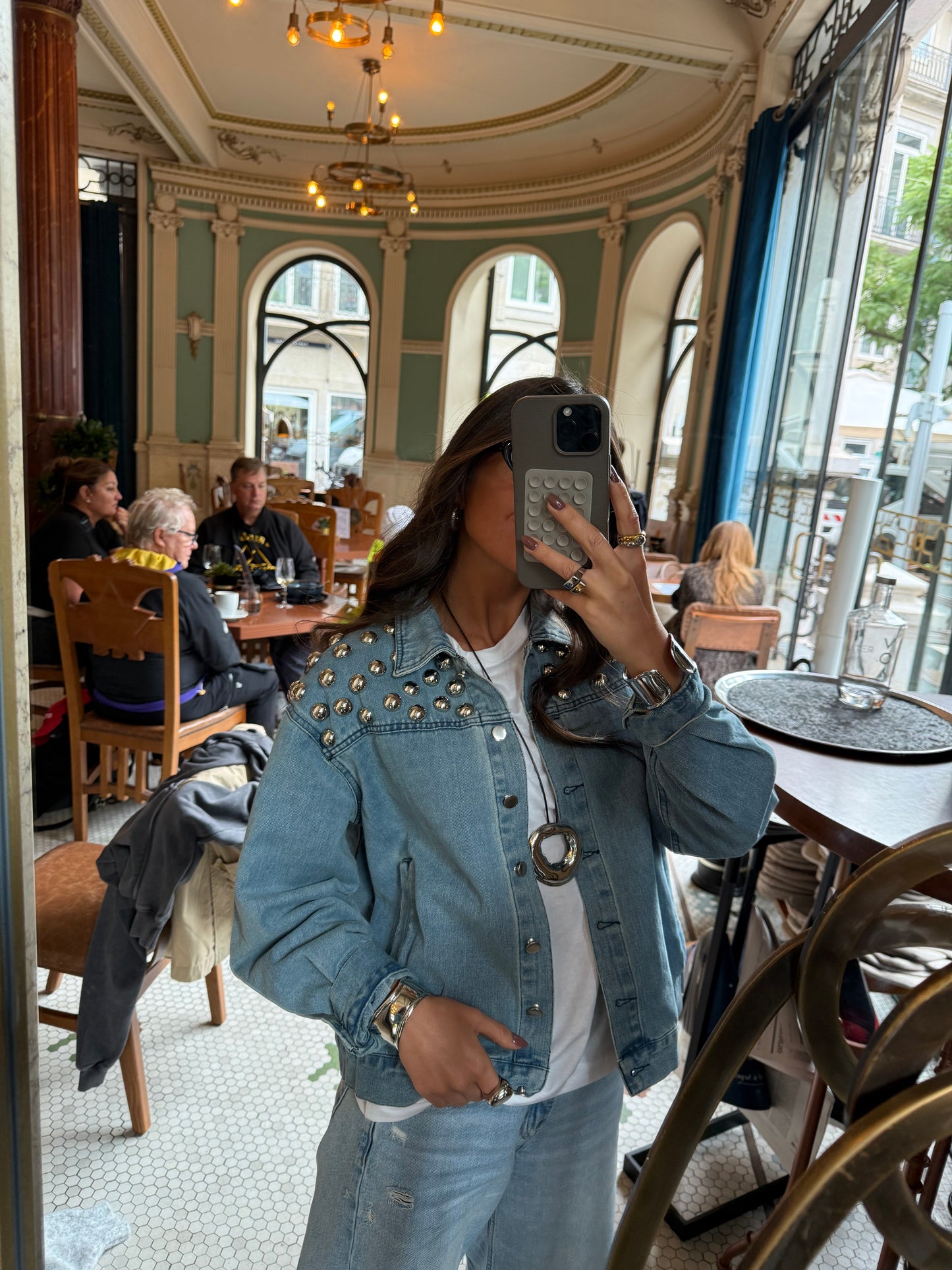 Soft Blue Denim Jacket with Bold Studs