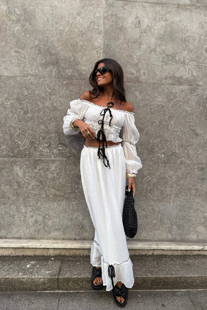 Two-Piece Set in White: Crop Top and Lined Maxi Skirt