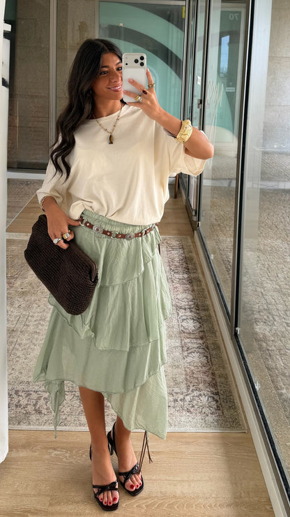 Sage Asymmetric Layered Skirt