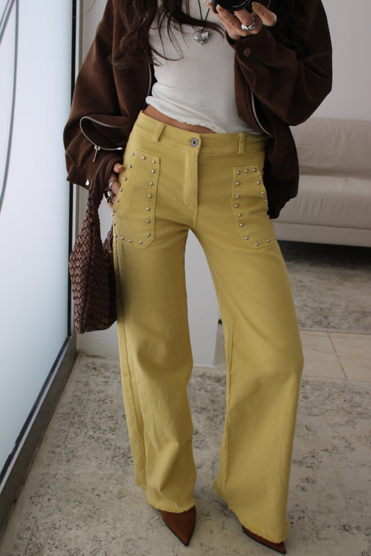 Yellow Jeans with Front Pockets and Studs