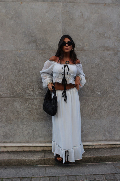 Two-Piece Set in White: Crop Top and Lined Maxi Skirt