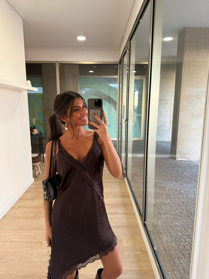 Asymmetric Lace Slip Dress in Chocolate