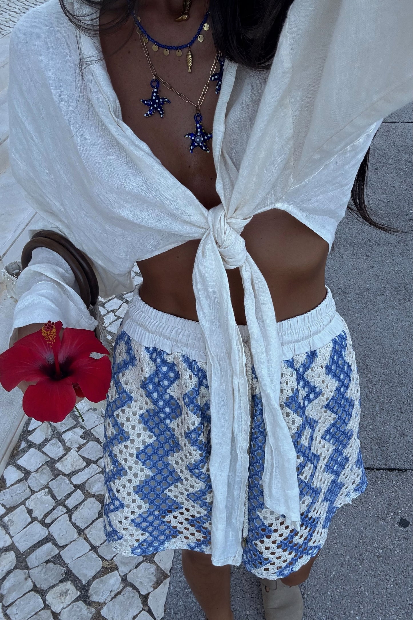 White & Blue Crochet Shorts