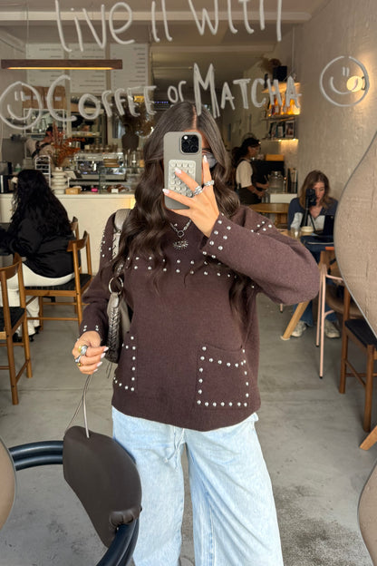 Chocolate Studded Knit Sweater