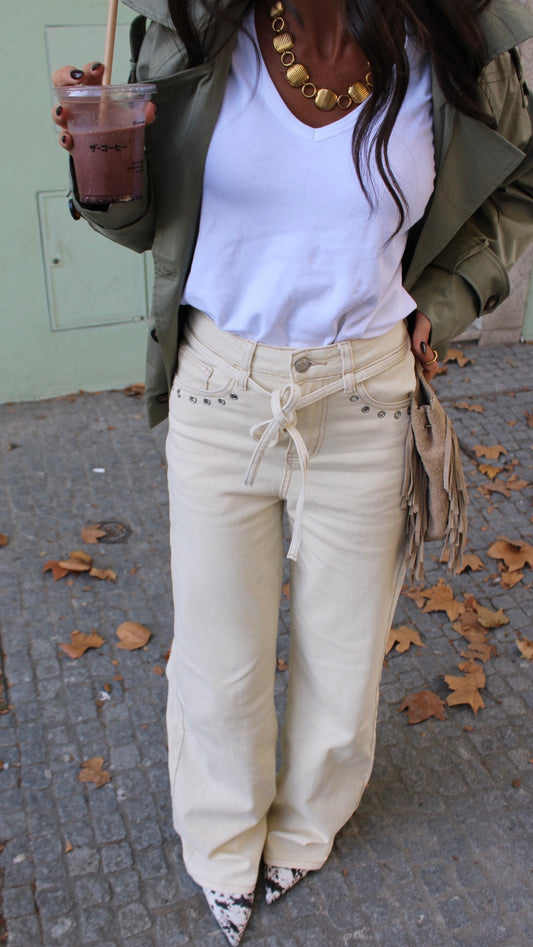Cream Denim Pants with Eyelet Detail