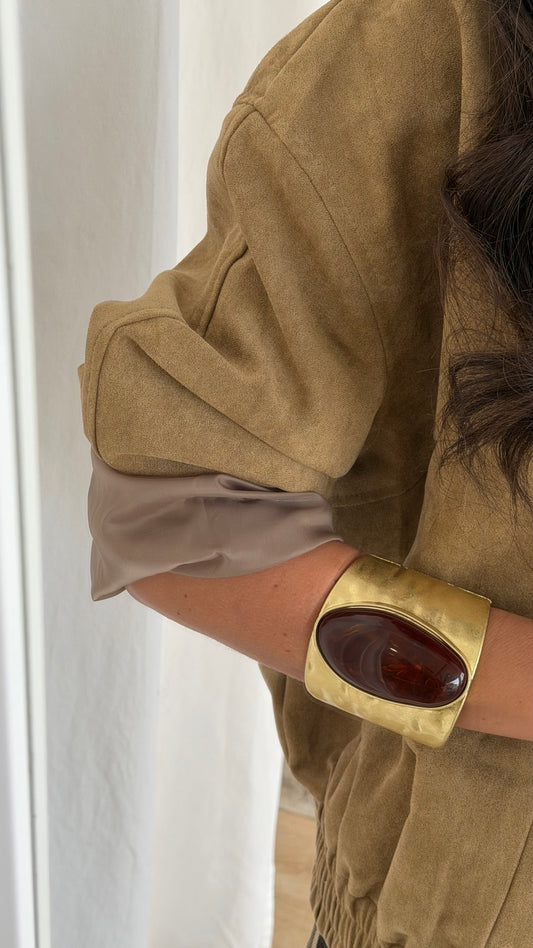 Gold Cuff Bracelet with Amber Stone