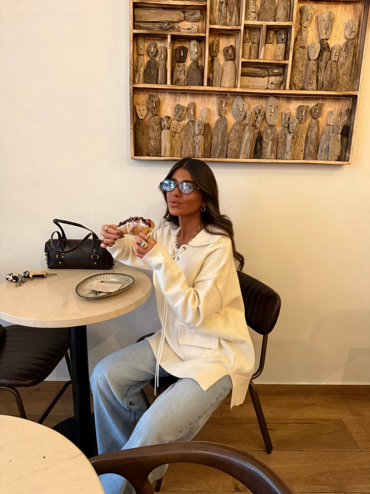 Ecru Knit Hoodie with Lace-Up Detail