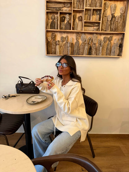 Ecru Knit Hoodie with Lace-Up Detail