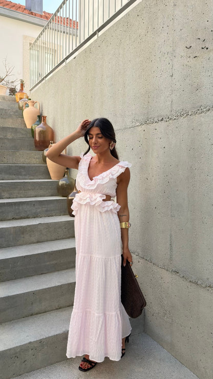 Baby Pink Ruffle Cut-Out Maxi Dress