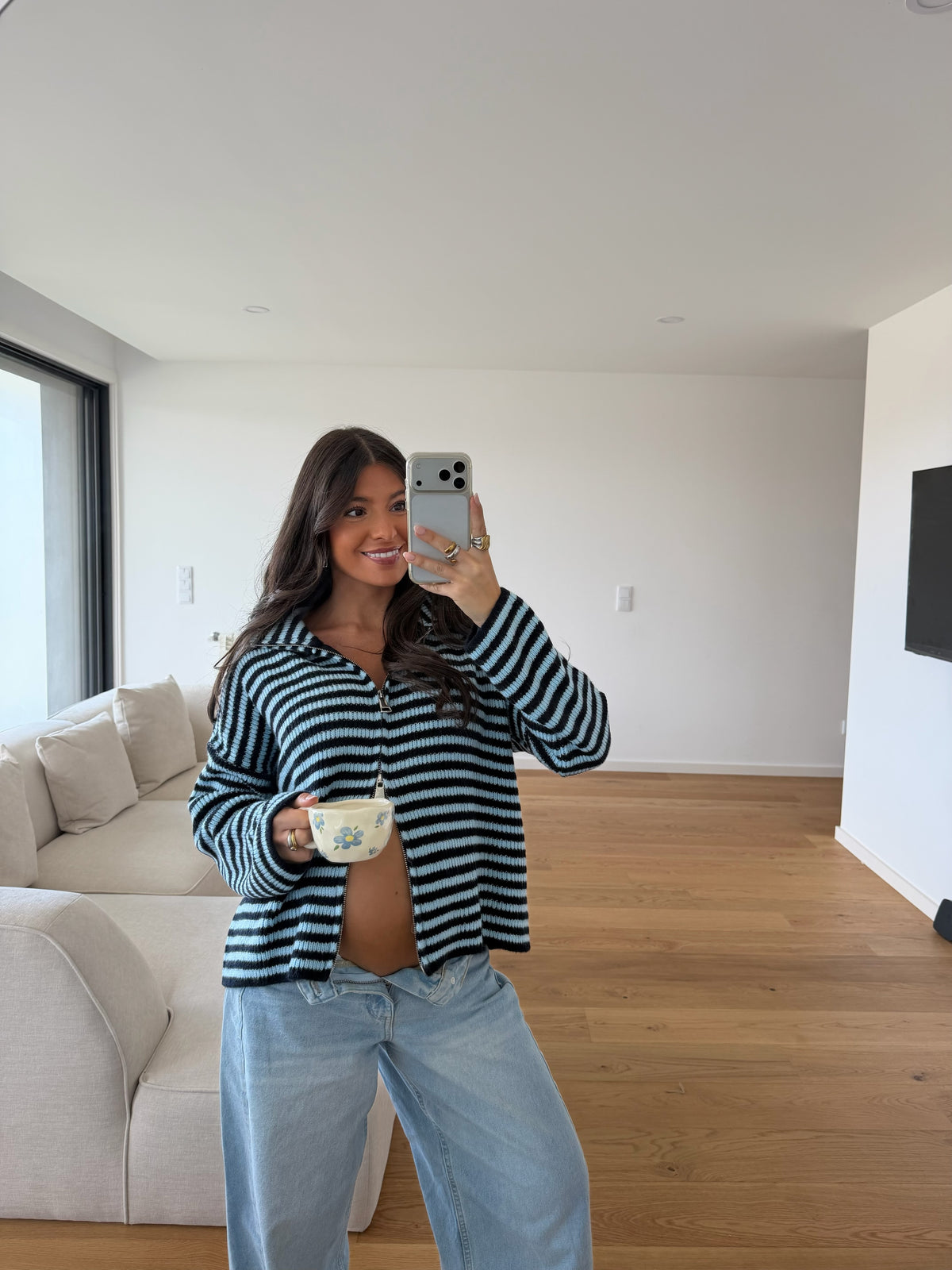 Blue & Navy Striped Zip Cardigan