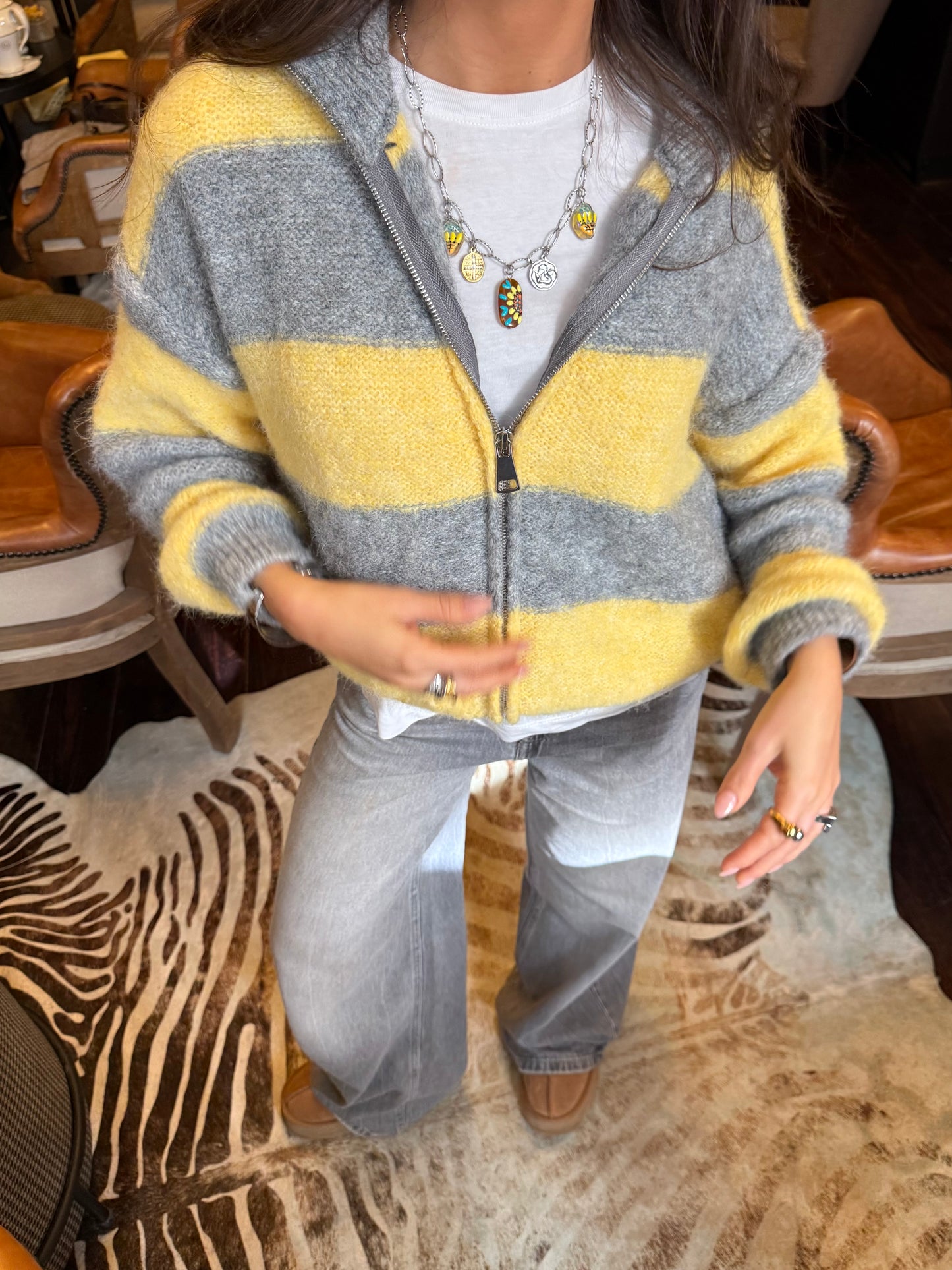 Yellow & Grey Striped Knit Zip Jacket