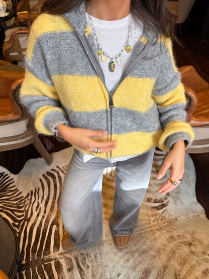 Yellow & Grey Striped Knit Zip Jacket