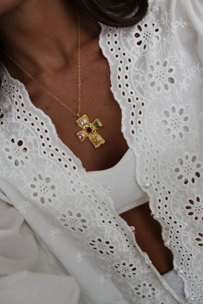 Cross Pendant Necklace with Colorful Zirconia