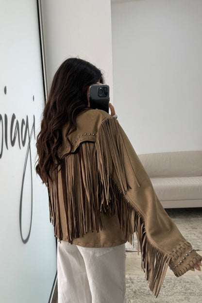Suede-Effect Jacket with Fringe and Studded Details