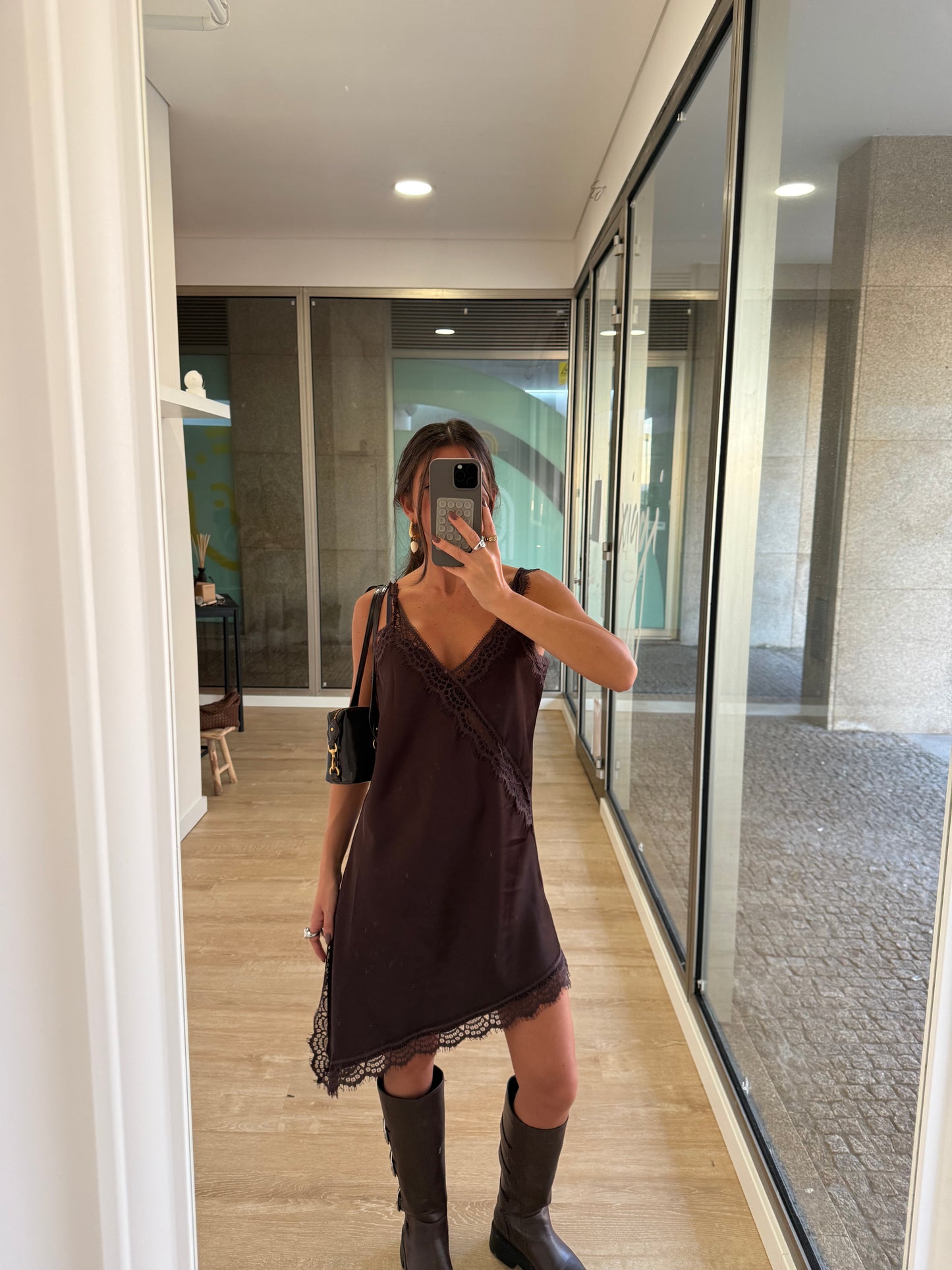 Asymmetric Lace Slip Dress in Chocolate