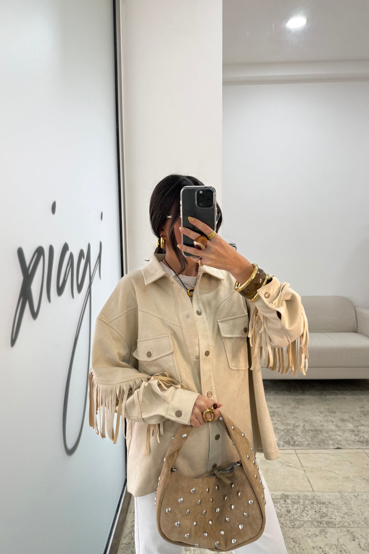 Fringed Suede-Effect Jacket in Off-White